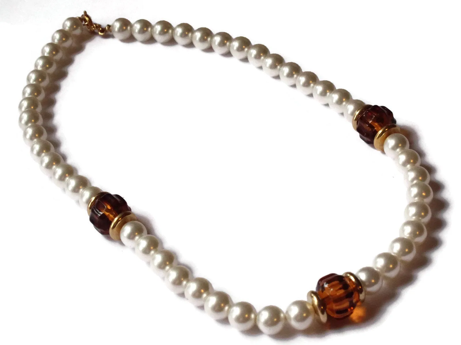 17 Inch Pearl and Brown Bead Vintage Necklace Beaded Princess Necklace