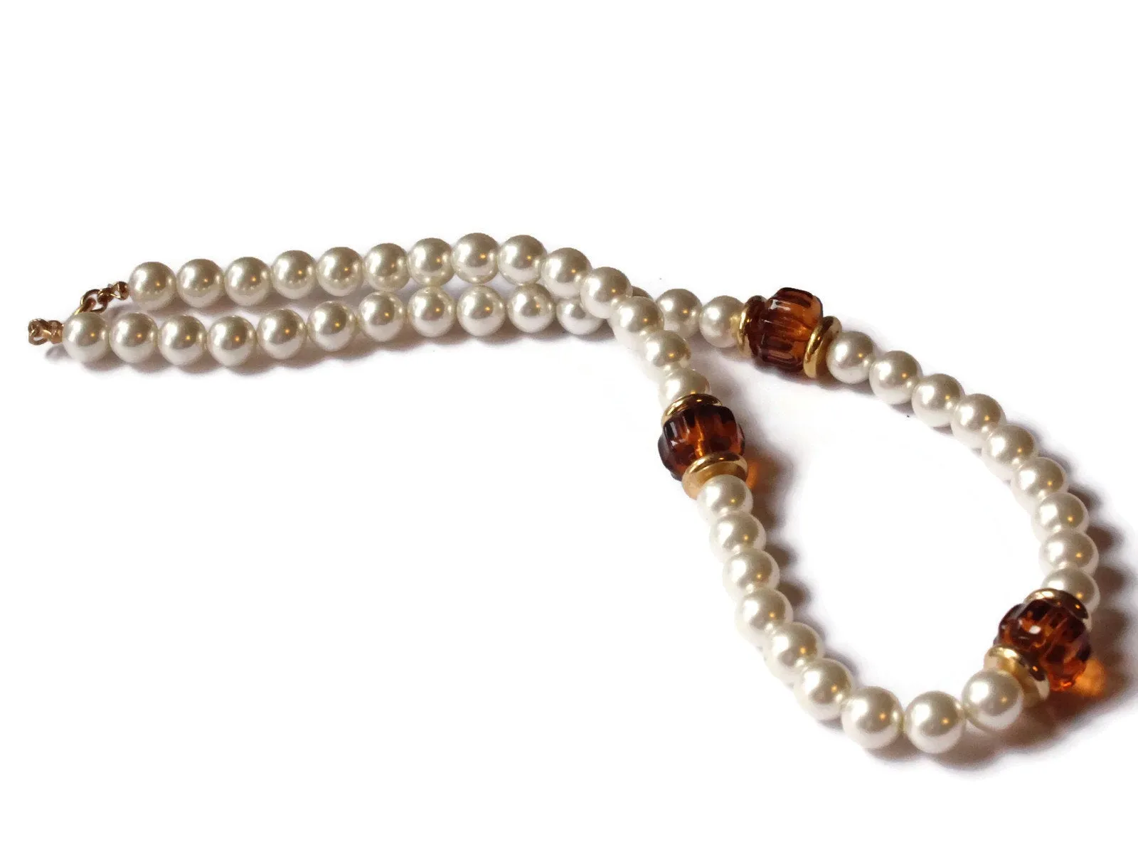 17 Inch Pearl and Brown Bead Vintage Necklace Beaded Princess Necklace