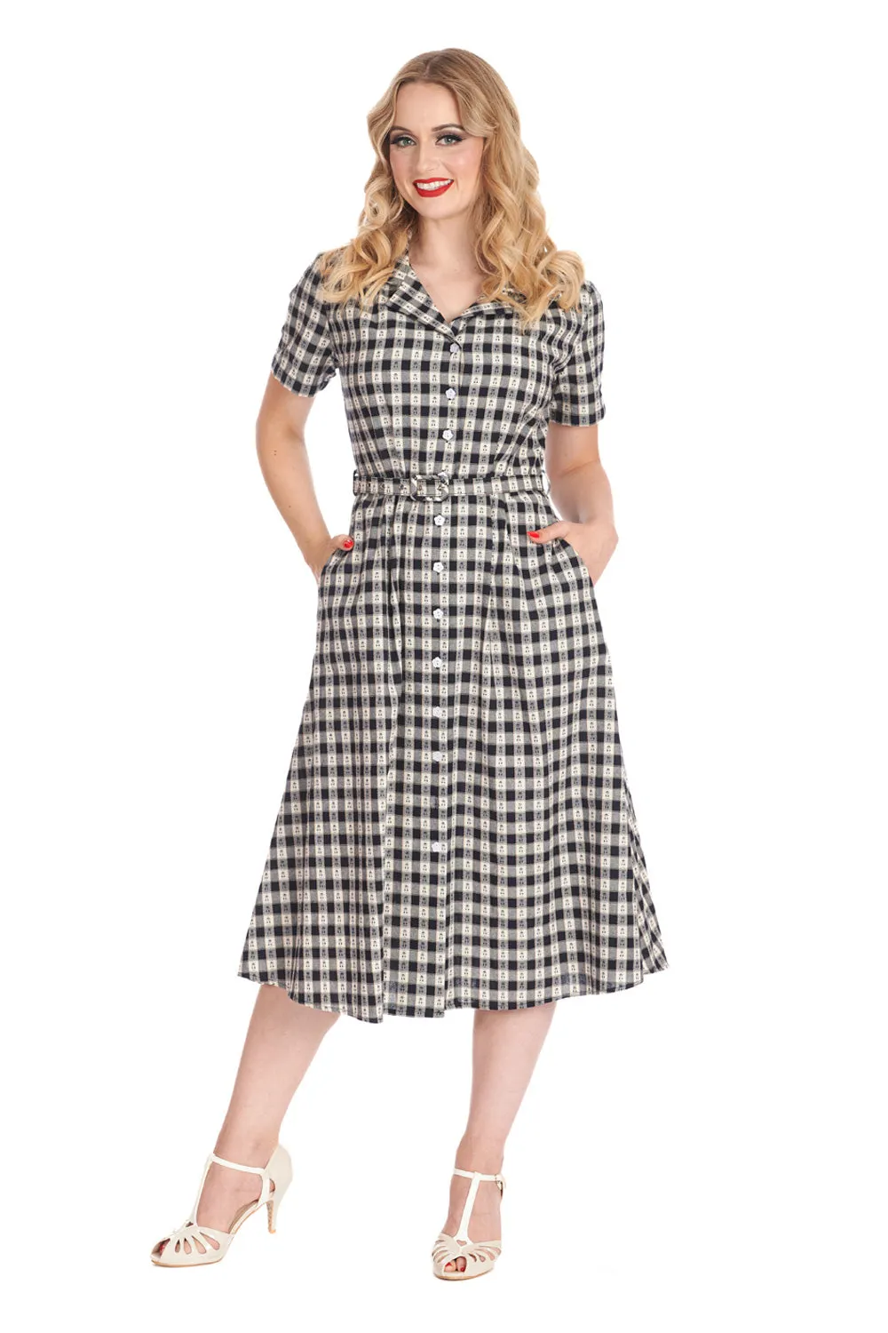 Banned Cherry Check Shirt Dress with Belt in Navy Gingham