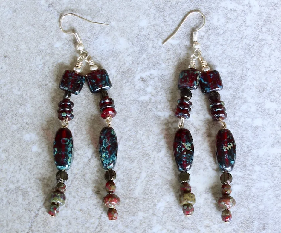 Burgundy Red Art Glass 2-Dangle Earrings with Sterling Silver Earring Wires