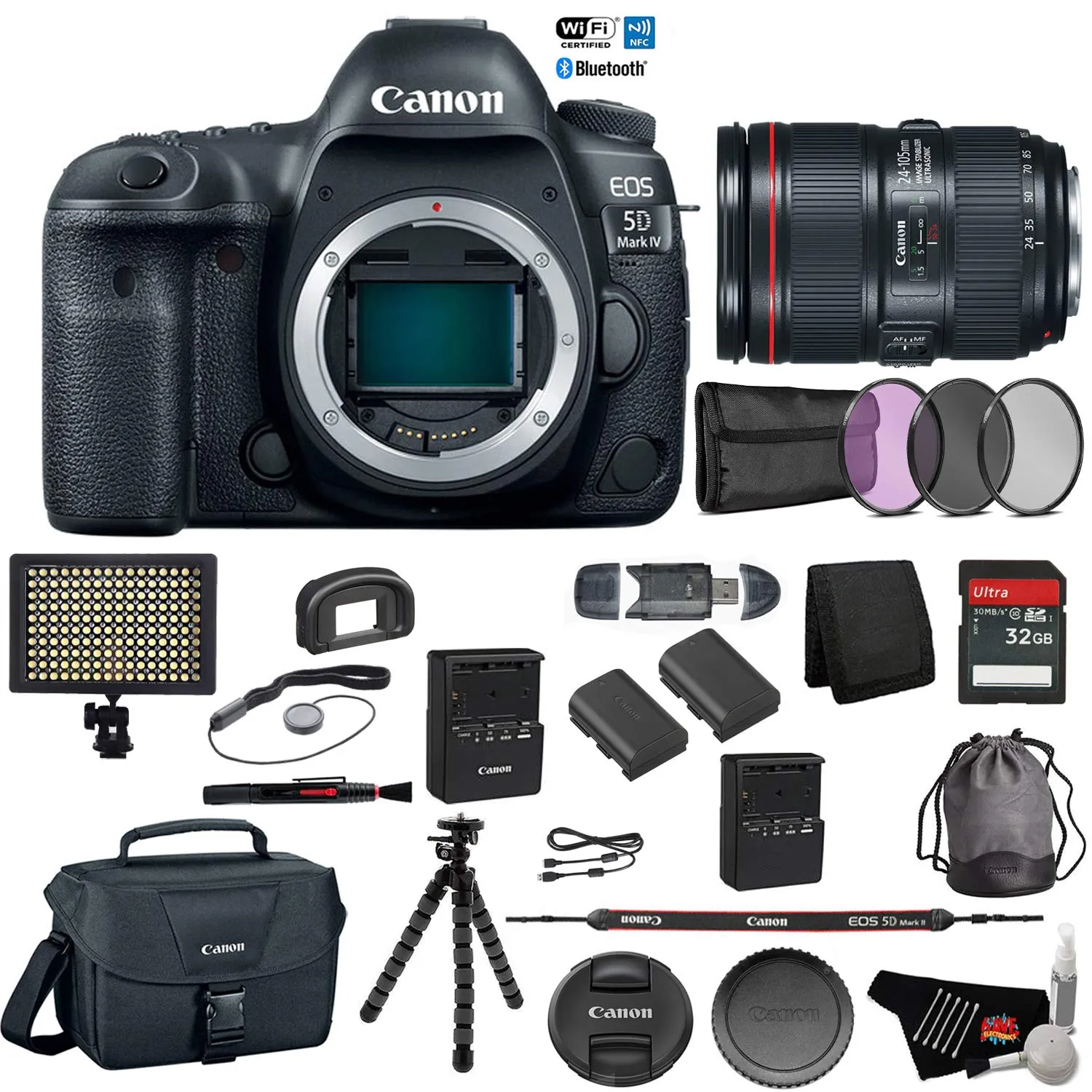 Canon EOS 5D Mark IV Digital SLR Camera with 24-105mm f/4L II Lens - Bundle with Spare Battery   Tripod   LED Light   32