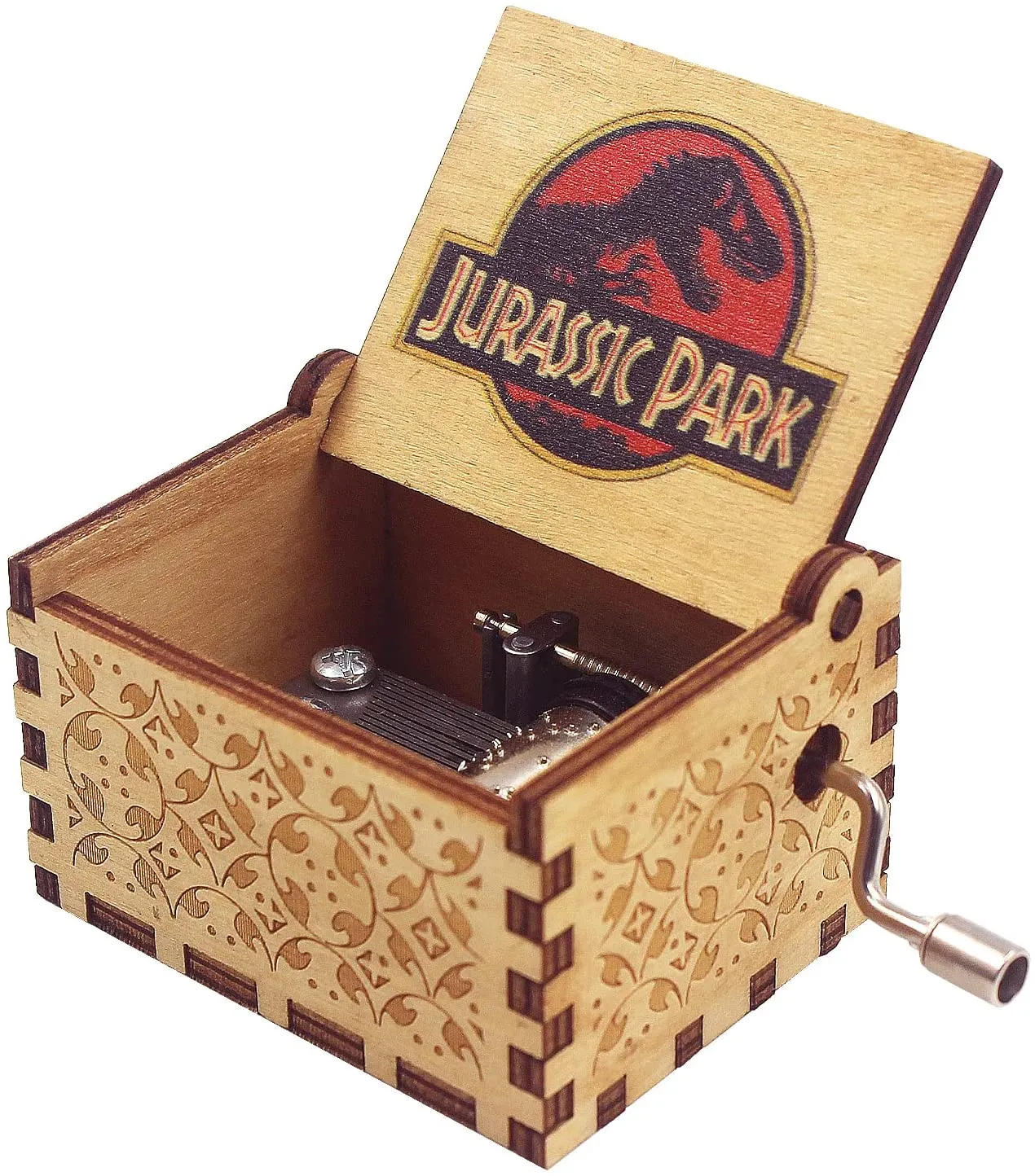 Jurassic Park Music Box - Wood Hand Crank Engraved (Brown) - A Melodic Journey to Prehistoric Adventure 🦕🌳🎶