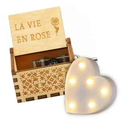 La Vie En Rose Music Box (Brown) and Heart-Shaped LED Lights - A Melodic Symphony of Love and Light 🌹💡🎶