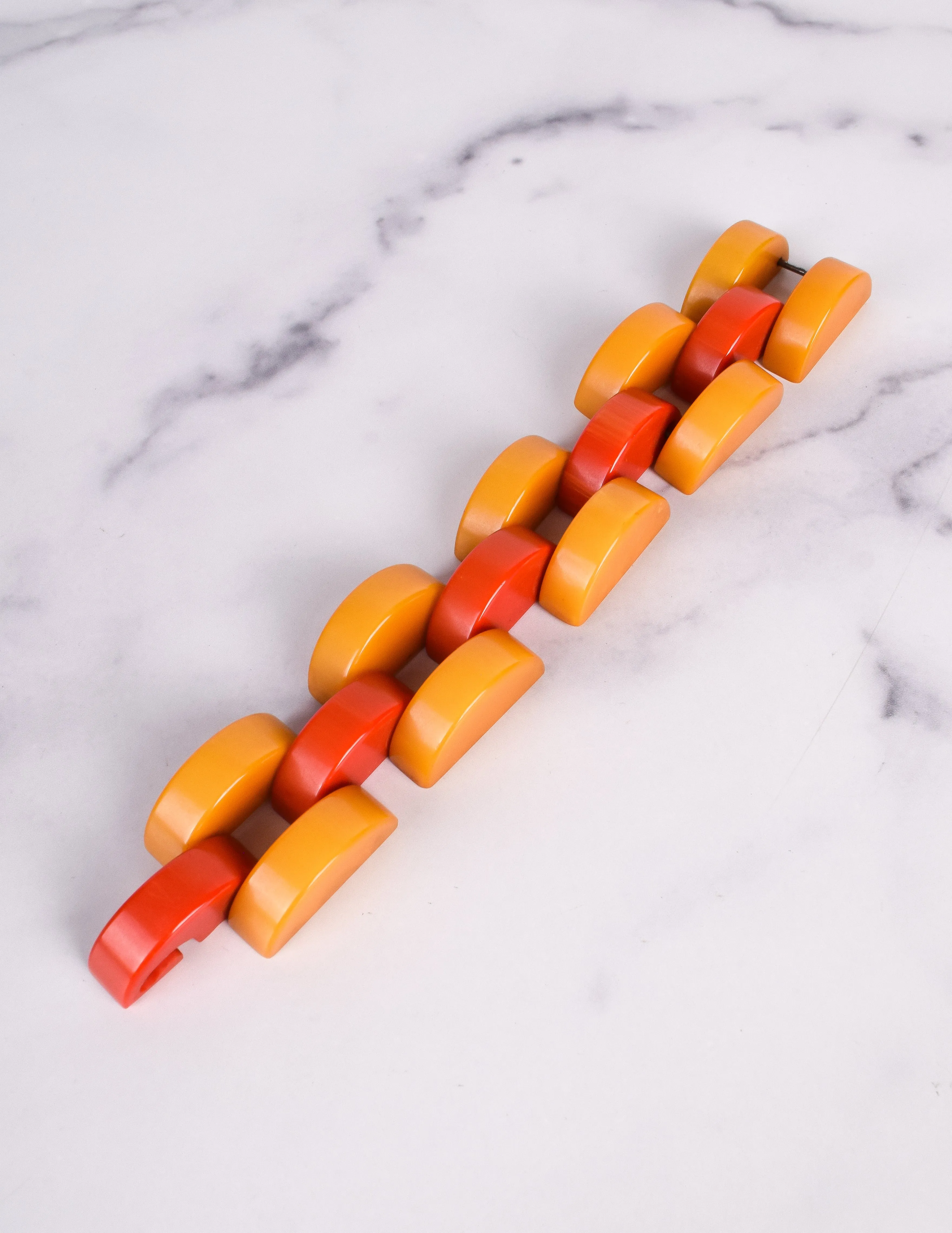 Vintage 1940s Orange and Yellow Marbled Bakelite Chain Bracelet