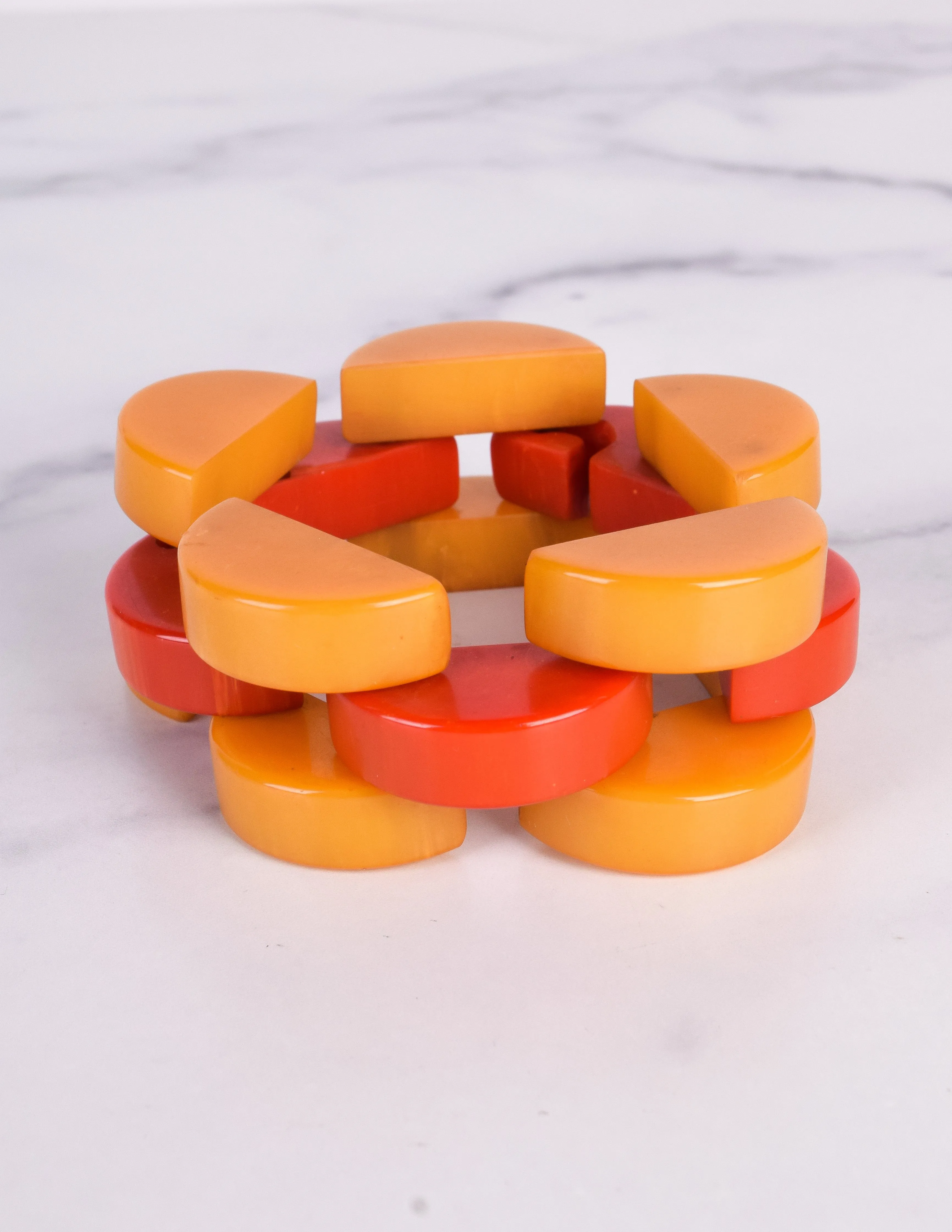 Vintage 1940s Orange and Yellow Marbled Bakelite Chain Bracelet