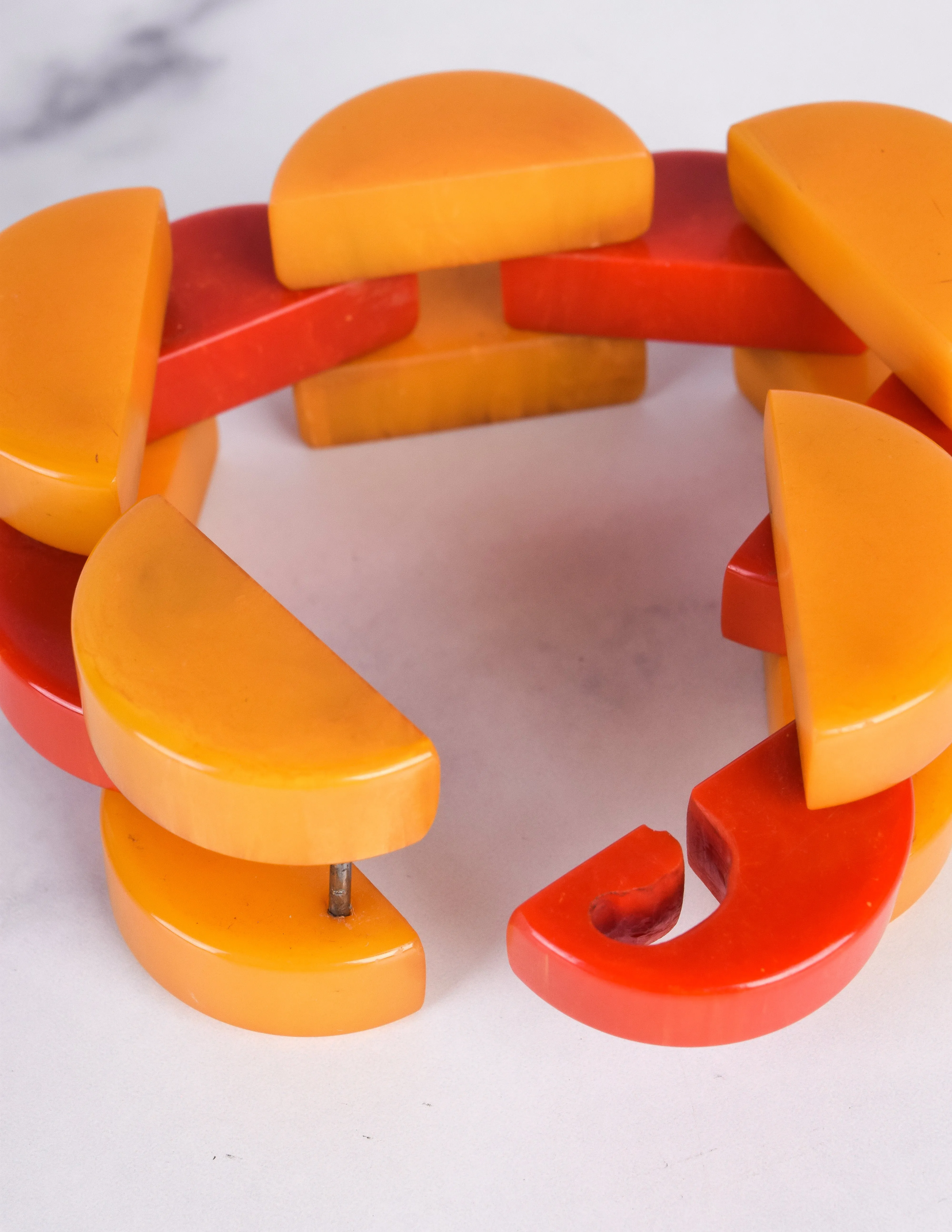 Vintage 1940s Orange and Yellow Marbled Bakelite Chain Bracelet