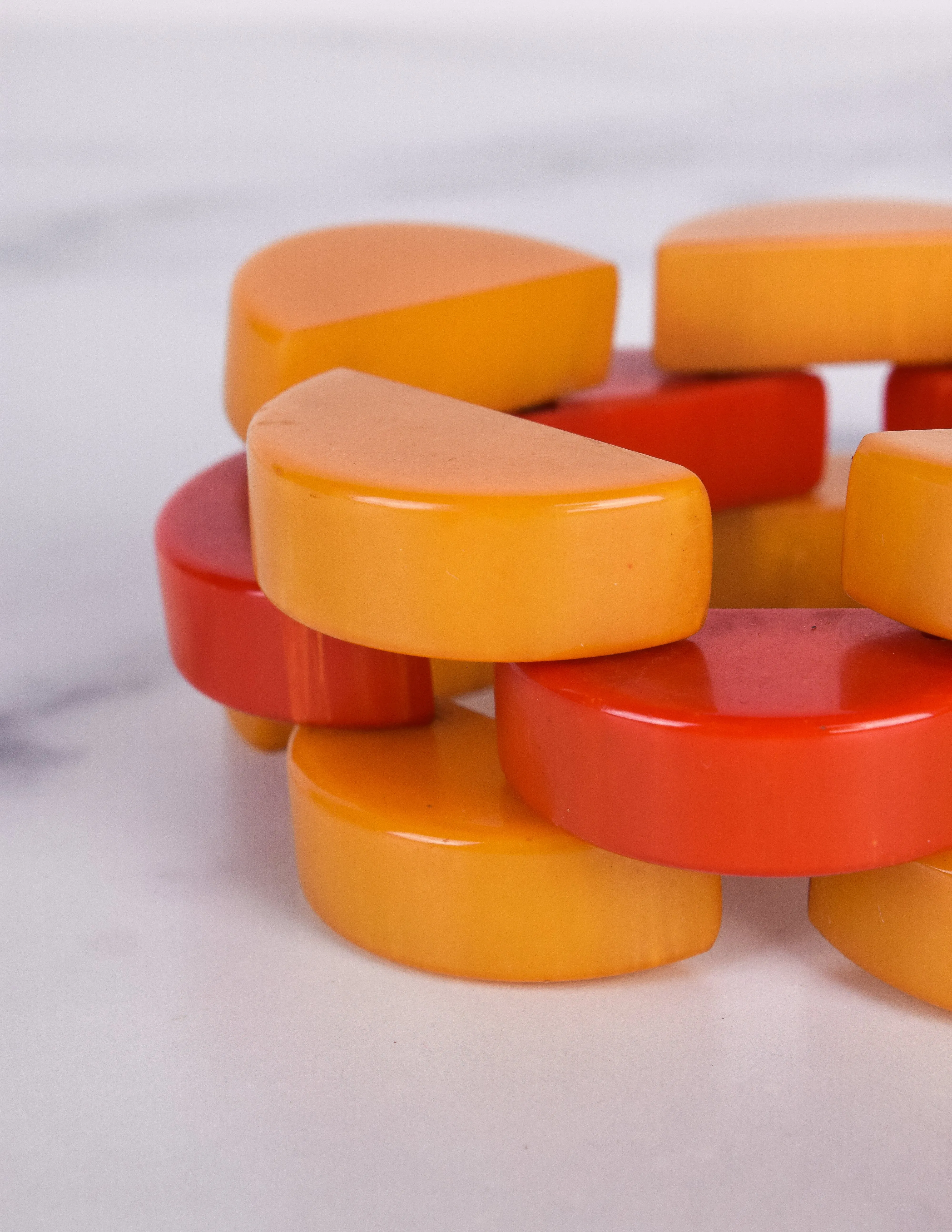 Vintage 1940s Orange and Yellow Marbled Bakelite Chain Bracelet