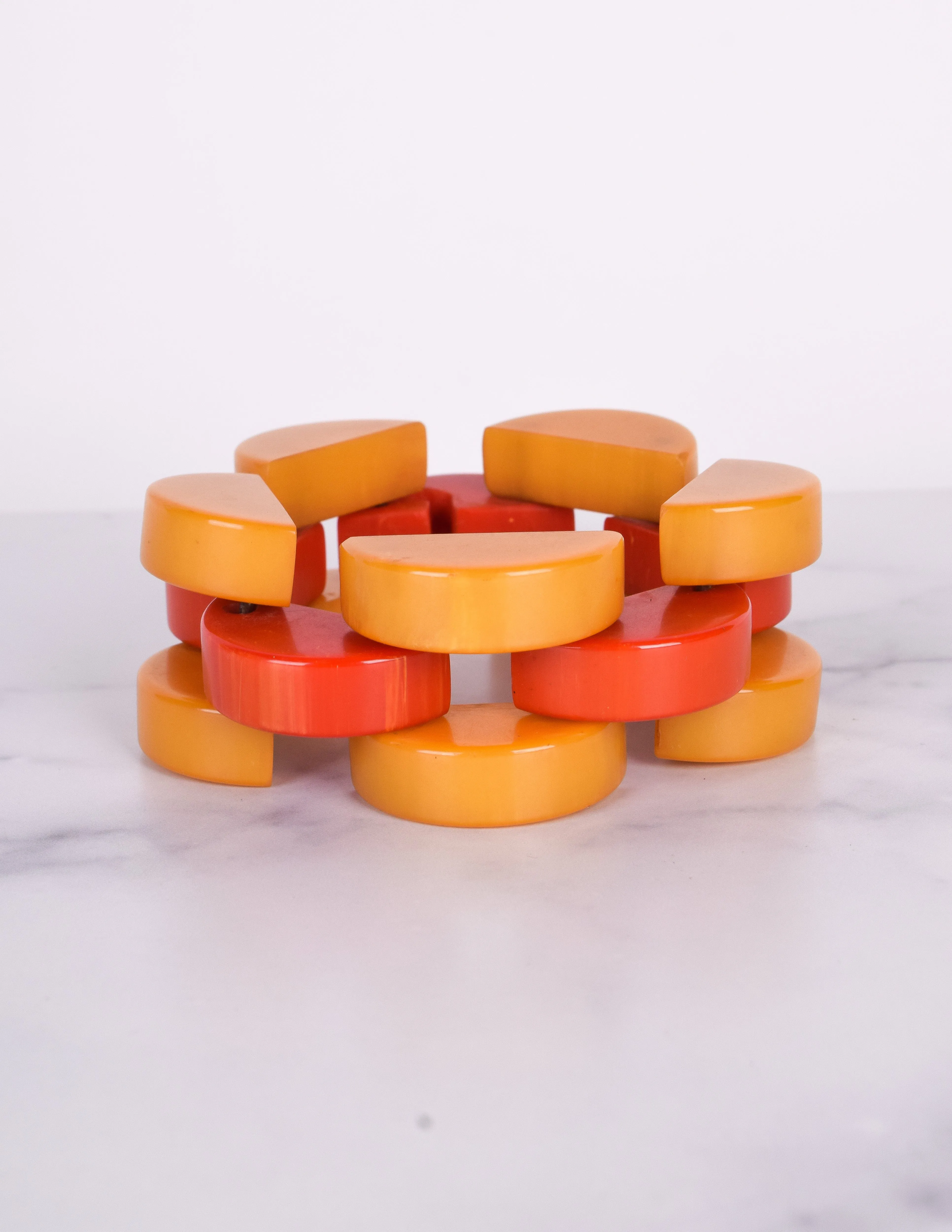 Vintage 1940s Orange and Yellow Marbled Bakelite Chain Bracelet