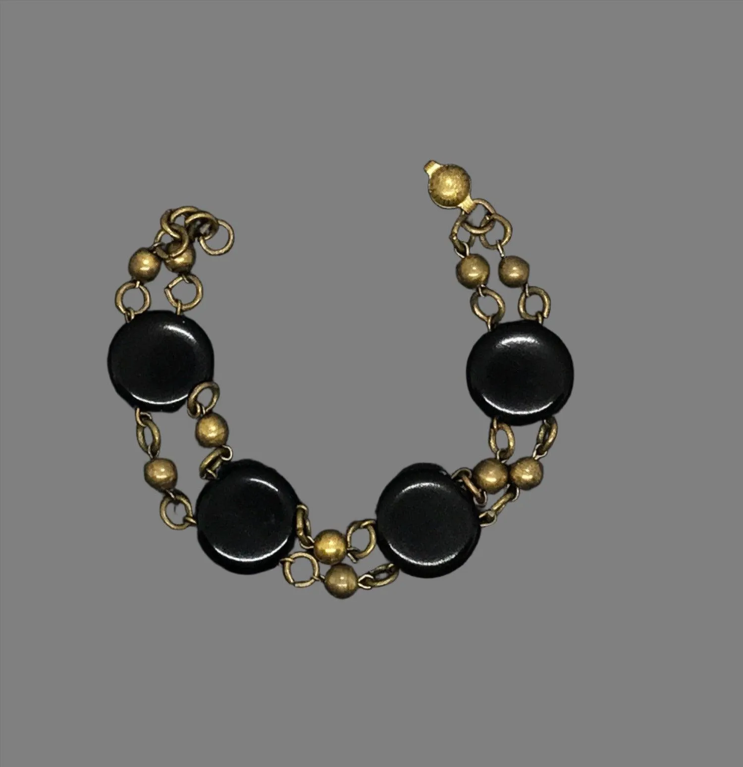 Vintage Black Discs and Gold Beads Bracelet