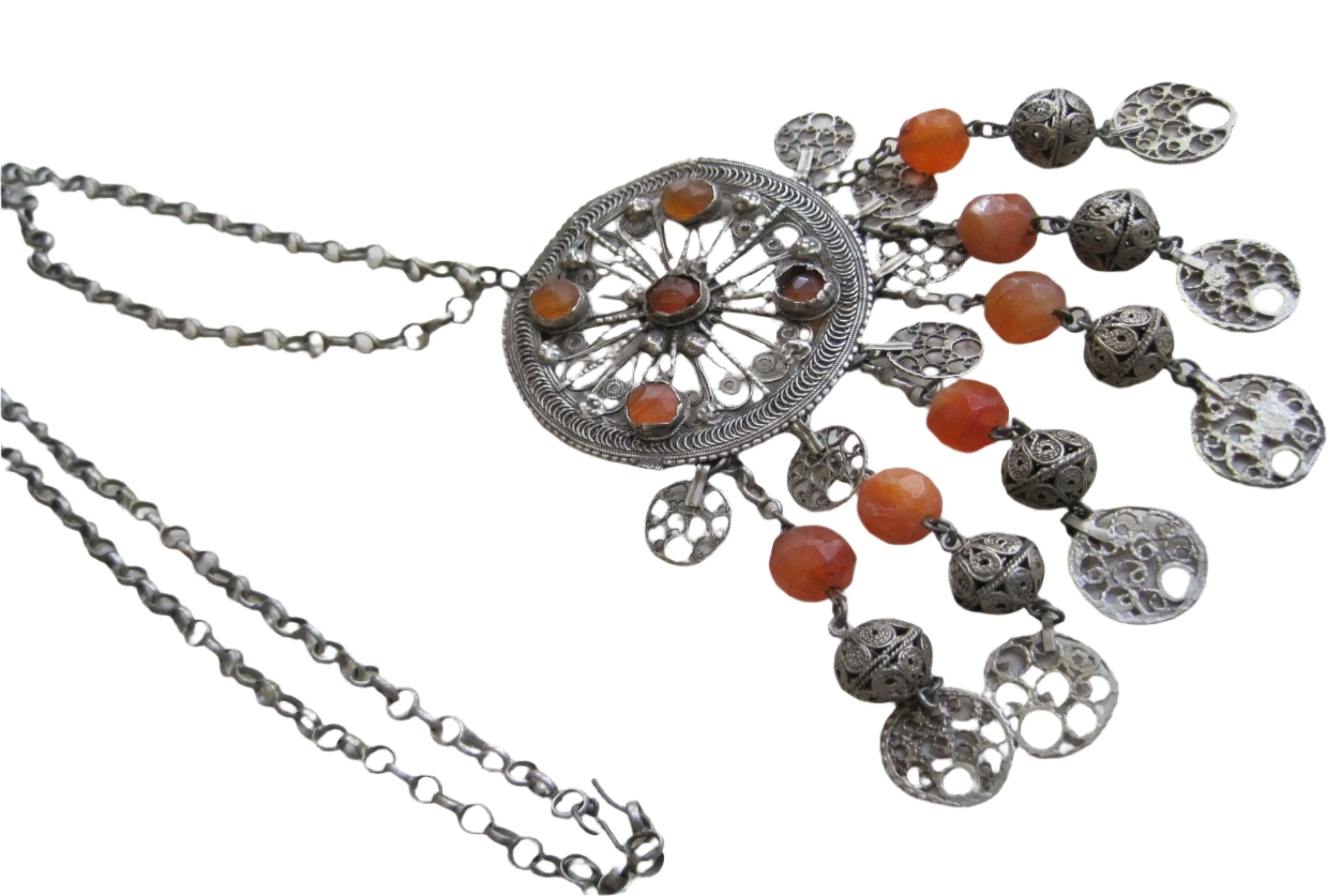 Vintage Middle Eastern Necklace - Filigree Silver and Faceted Carnelian