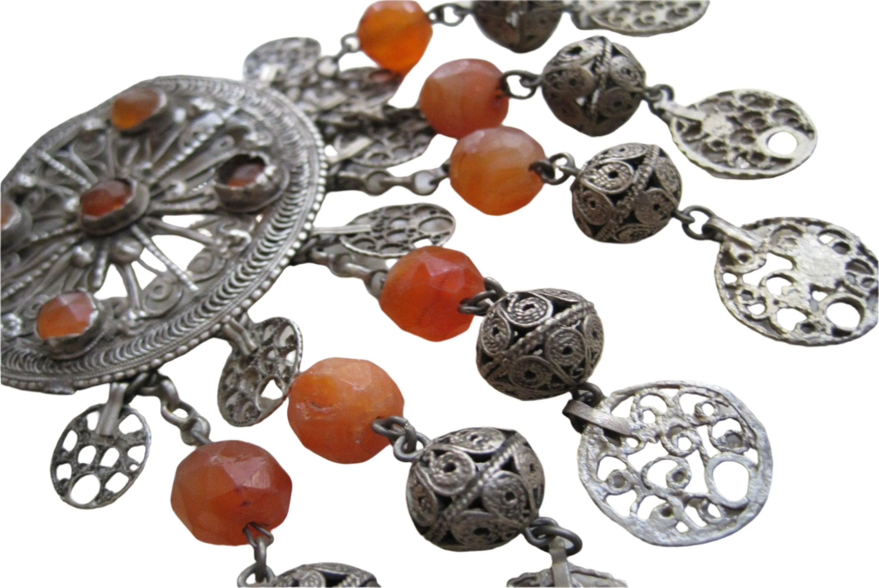 Vintage Middle Eastern Necklace - Filigree Silver and Faceted Carnelian